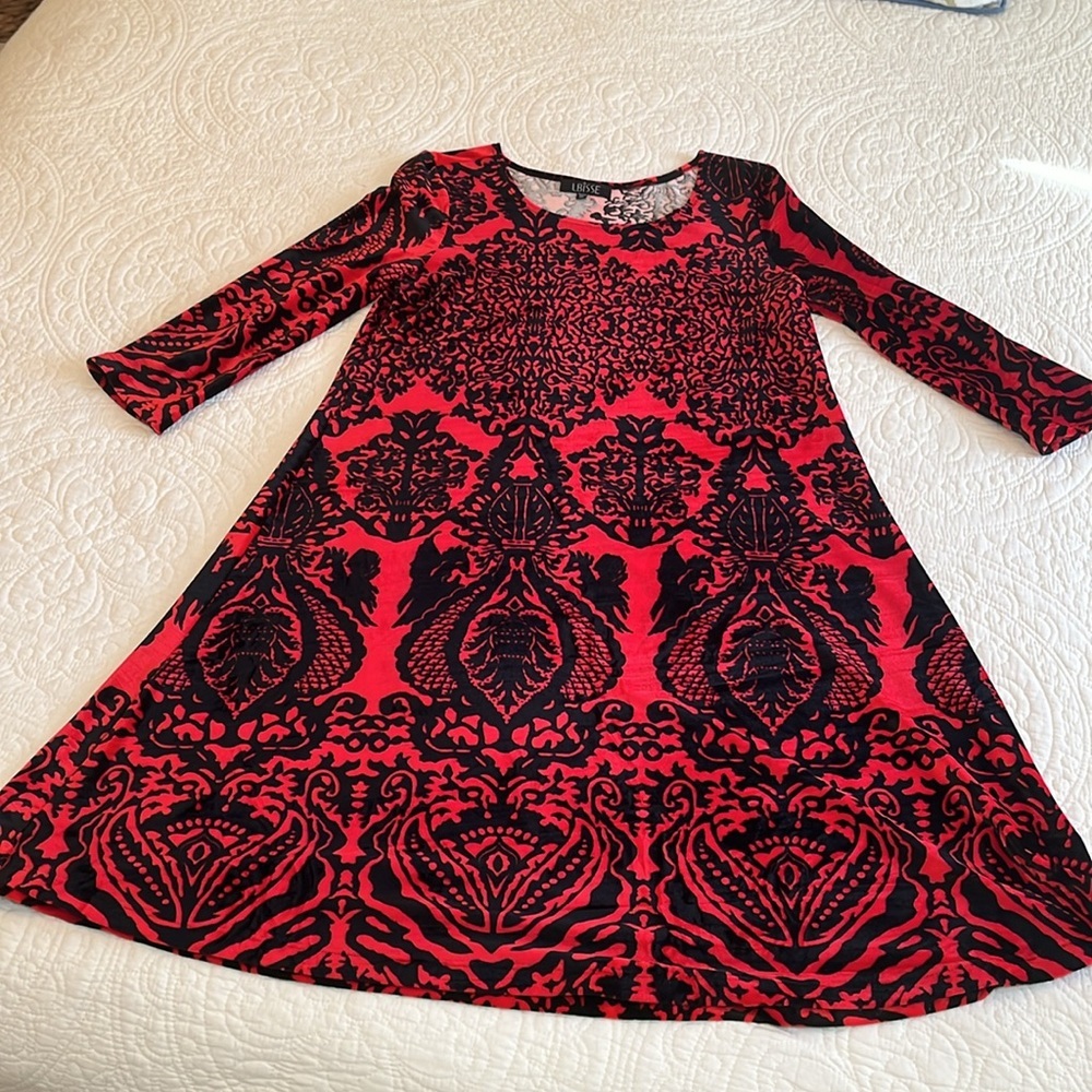 LBISSE Dress‎ Women’s XL Velvety Stretchy Fit & Flare Red Black Boho Party